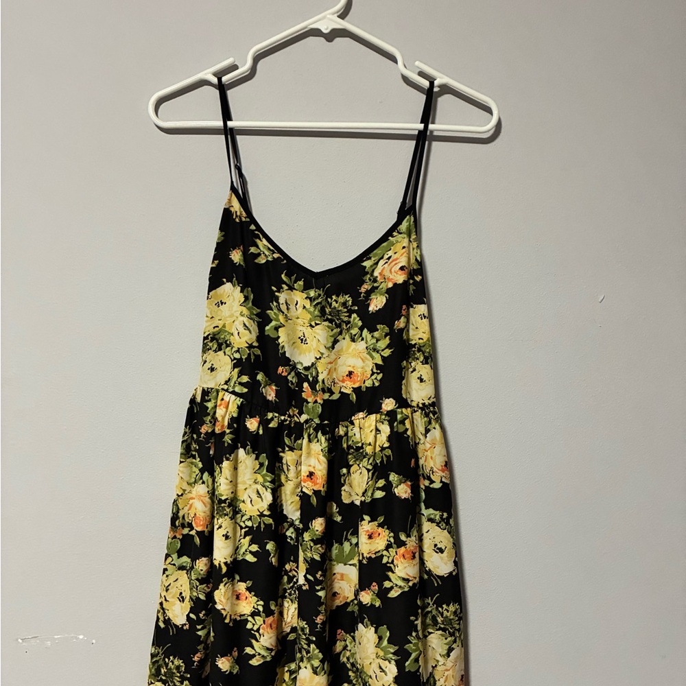 Kimchi Blue Black Floral Slip Dress with Yellow Rose Print